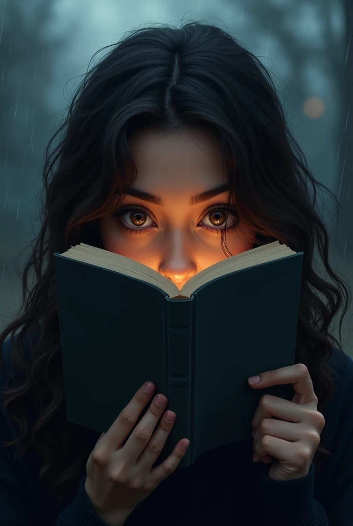 A vector girl for profile picture in a shadow style make it mysterious in love on a rainy day with brown eyes and long curly dark brown hairs with book in front of the face showing only her eyes