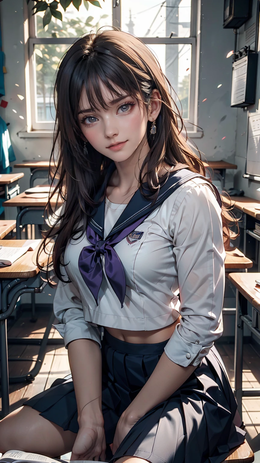 A young woman, 18 years old, with long purple hair, wearing a sailor uniform, sitting in a classroom (School 1.5 in the background) (Expression Smile1.5) (Highest quality: 1.1) (masterpiece: 1.3) with an unparalleled masterpiece, Surreal 8K, Perfect artwork, Super Detail, Highest quality, masterpiece 4K wallpaper aesthetics, masterpiece, Award-winning works, Official Art, Cinema Lighting