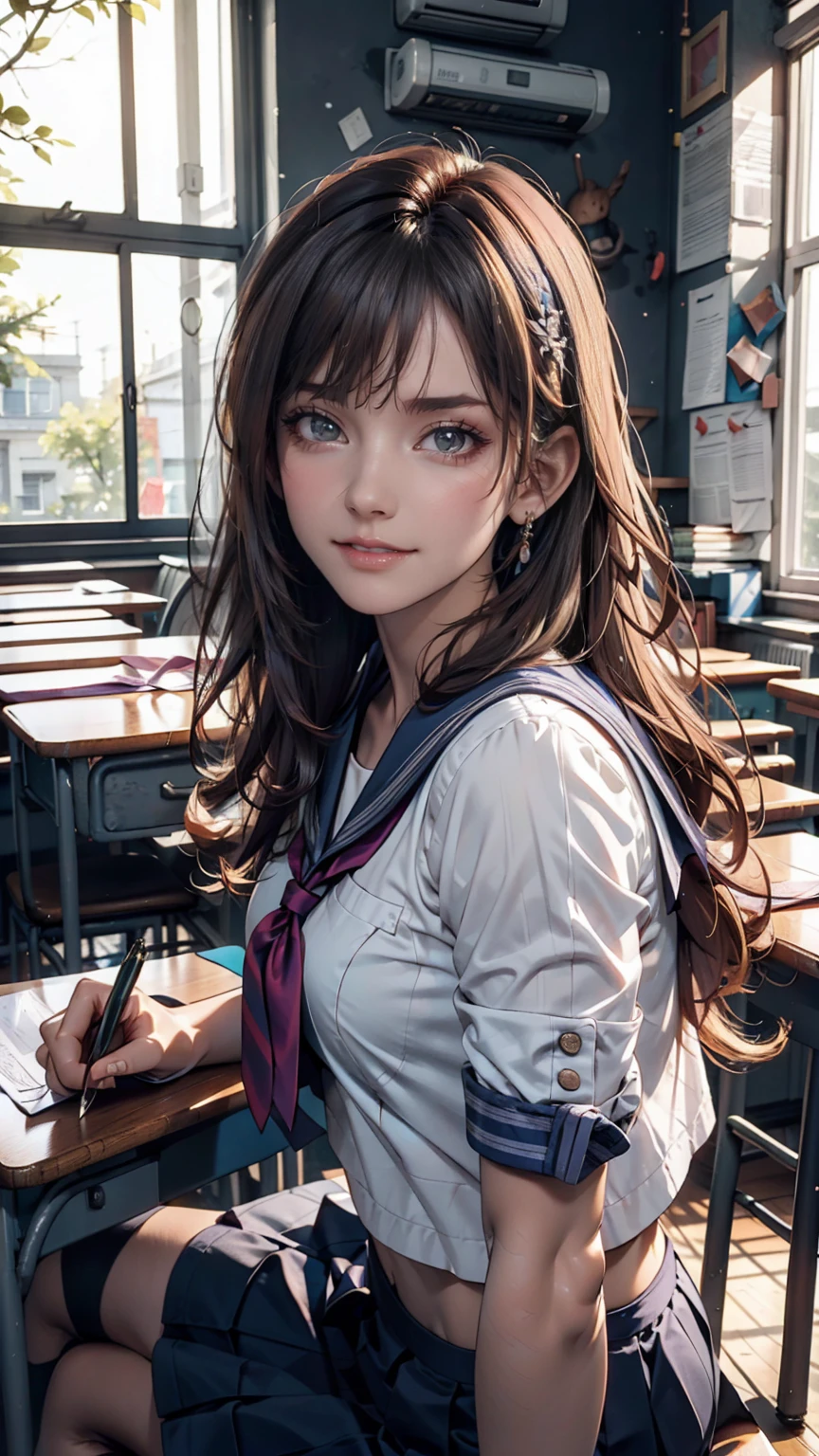 A young woman, 18 years old, with long purple hair, wearing a sailor uniform, sitting in a classroom (School 1.5 in the background) (Expression Smile1.5) (Highest quality: 1.1) (masterpiece: 1.3) with an unparalleled masterpiece, Surreal 8K, Perfect artwork, Super Detail, Highest quality, masterpiece 4K wallpaper aesthetics, masterpiece, Award-winning works, Official Art, Cinema Lighting