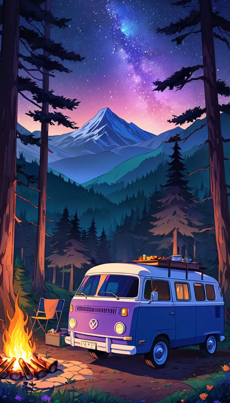 Draw a lofi anime poster style scene of purple van in the forest, fairy decoration, camp fire, BBQ, starry night, moutain background , forest, natta, beautiful color palette, vibrant saturated colors, work of art, cinematic cloudy sky, no human, dark blue theme