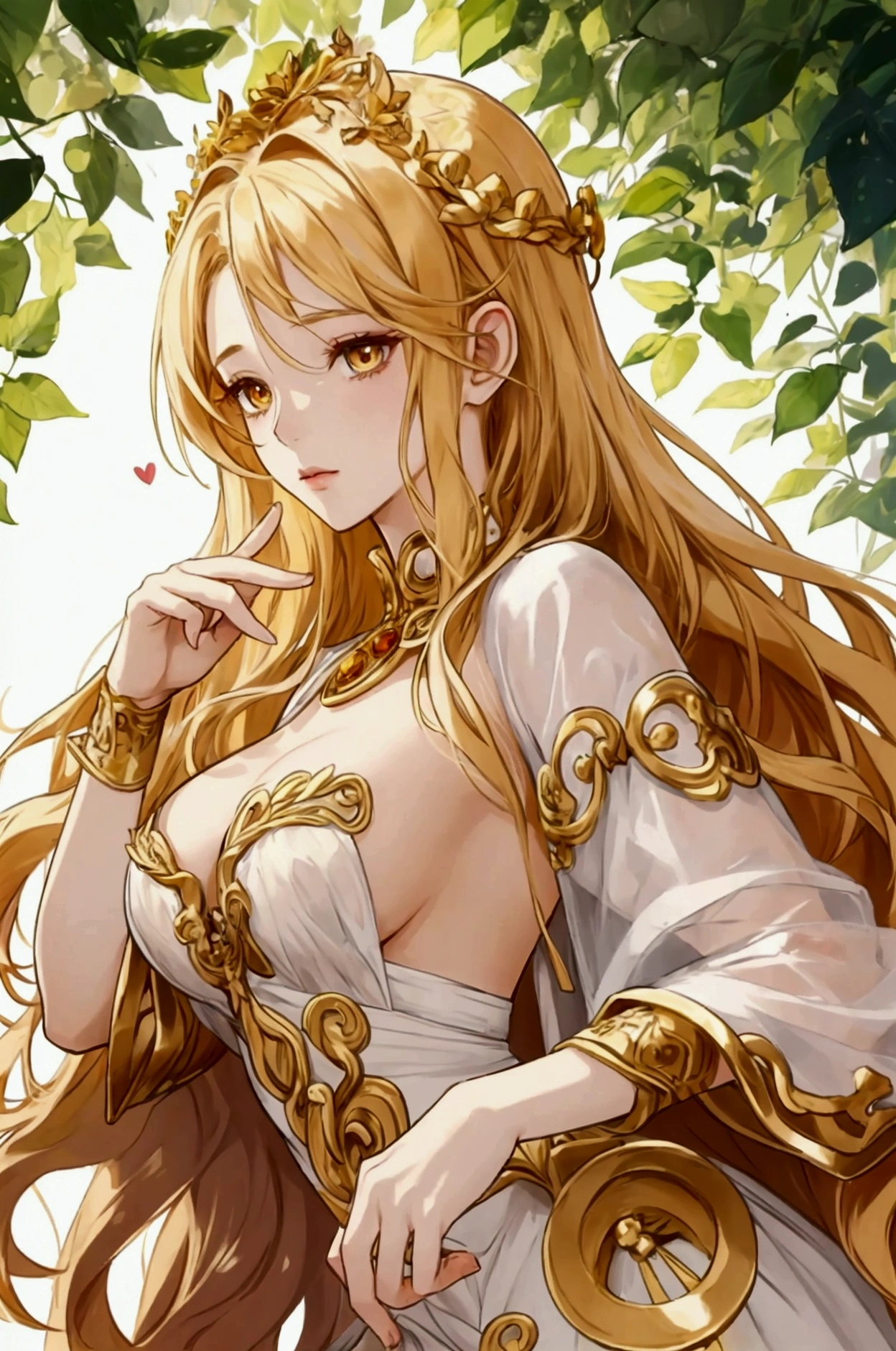 goddess, goddess der Liebe, golden hair, gold eyes, beautiful woman, Lightly dressed, Dressed provocatively, in der Natur, Anime Style