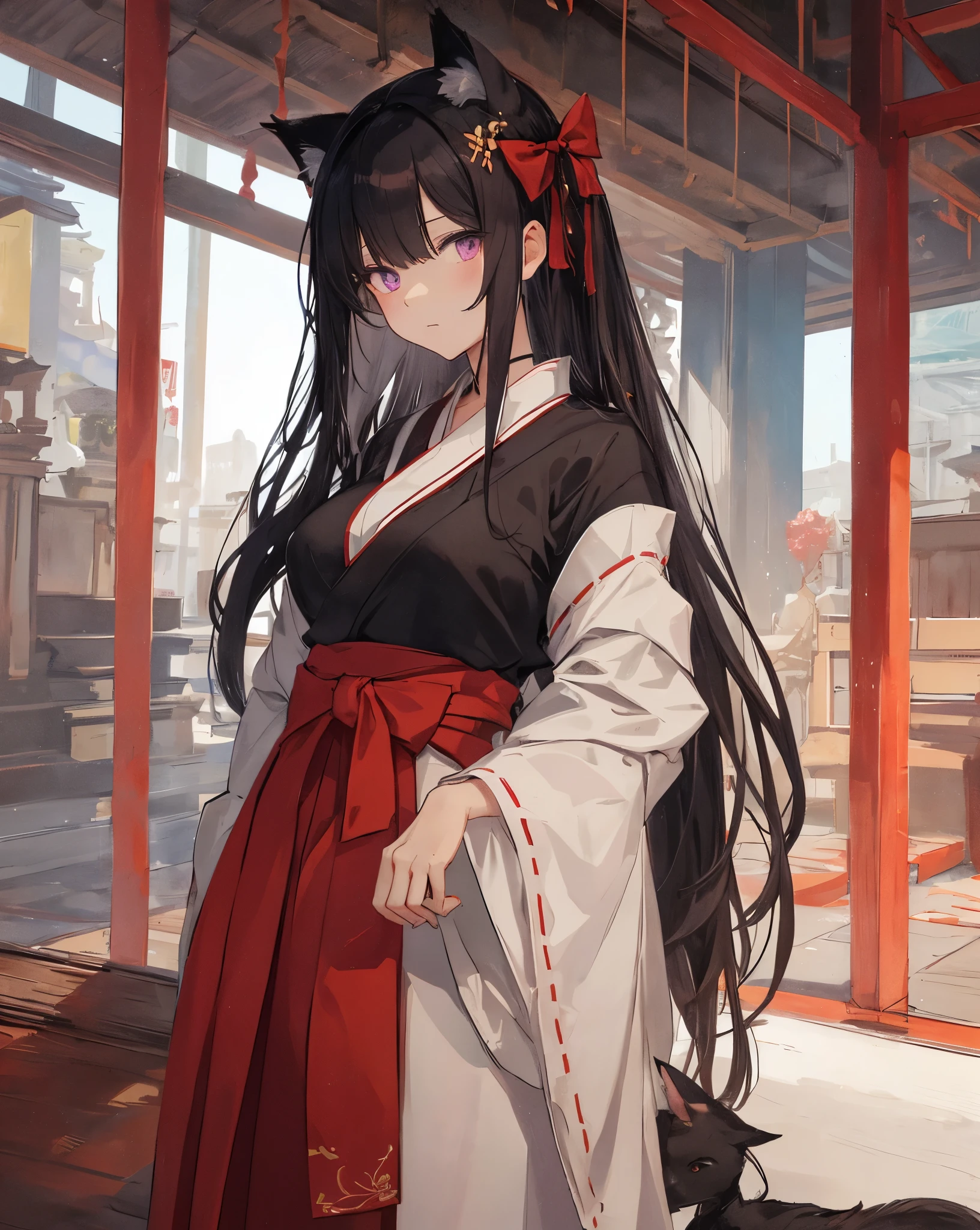 1 anime catgirl, black cat ears, with long black hair tied back, wearing a traditional white blouse with voluminous sleeves and a high collar, paired with a long red skirt that has a bow at the waist. The character is in a standing pose and has an elegant and refined appearance. She has accent purple eyes, detailed anime eyes, she is the shrine priestess. She has a traditional dance pose. red hakama and white kimono. Slim waist. He is praying in a shrine