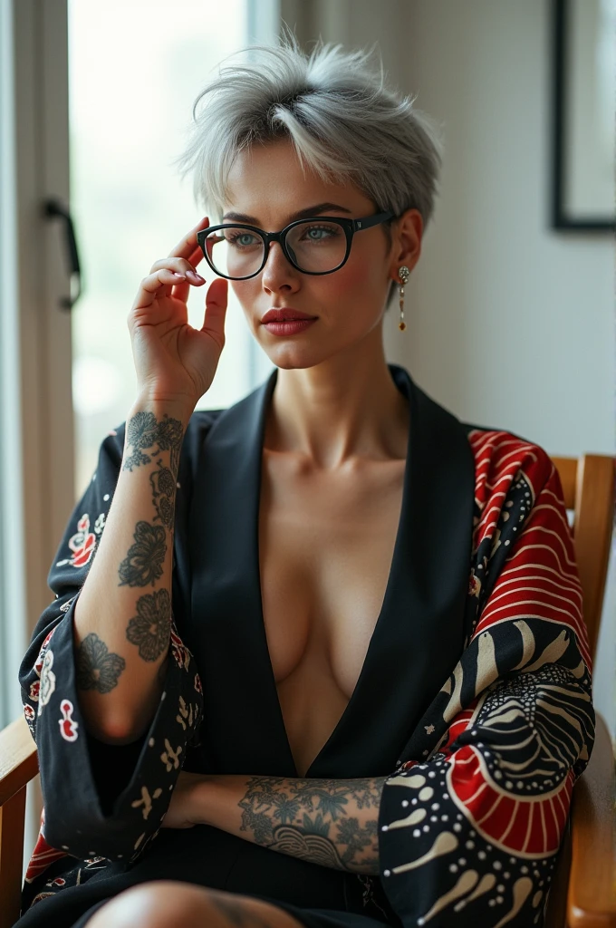 “Hyper-realistic image of a stylish, (woman with short tousled gray hair and wearing round glasses). She is dressed in a modern kimono featuring a bold design with a rising sun motif and intricate pattern. She has visible tattoos on her arms, adding to her edgy and contemporary look. The setting is a well-lit room with a minimalist decor. Capture her confident and sophisticated demeanor as she casually adjusts her glasses while seated on a wooden chair.”