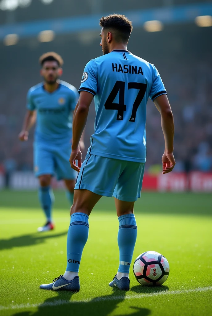 Un jeune homme de porte le maillot de Manchester City anommé "HASINA"au dos , numero 47 ,prêt pour frapper un penalty