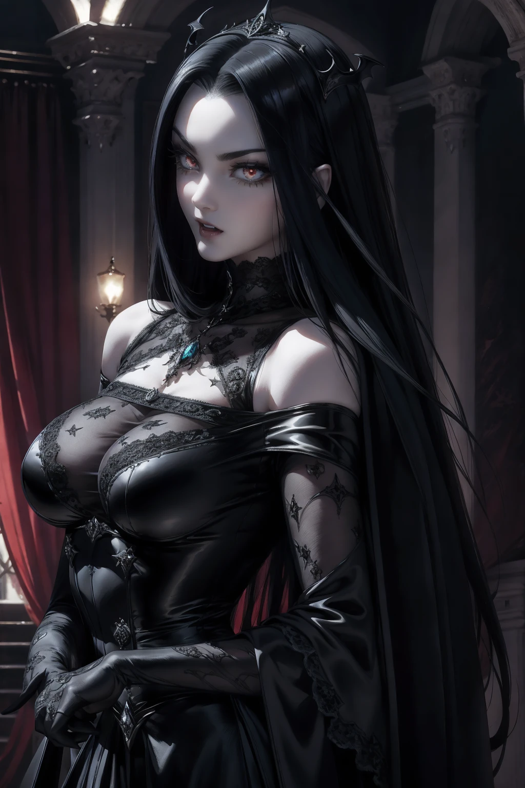 REALISTIC VISION 1.4, BETTER VAE,sharp focus, ultra detail, 32k,realistic photo, intricate details, absurdres, ((stunning female Vampire))), goth Renaissance, (long black hair:1.erfect and detailed angular sharp oval shaped face, ((redeyes)), jewelry, red and black tetradic colors, full lips, black lipstick, gothic castle background, (solo), perfect anatomy, approaching perfection, ethereal, intricate details, ultra-high definition, 12k resolution, goth aesthetic, smooth, sharp focus, dreamy, glowing, backlit, glamour, glimmer, fantastical, shadows, smooth, Gothic crown,