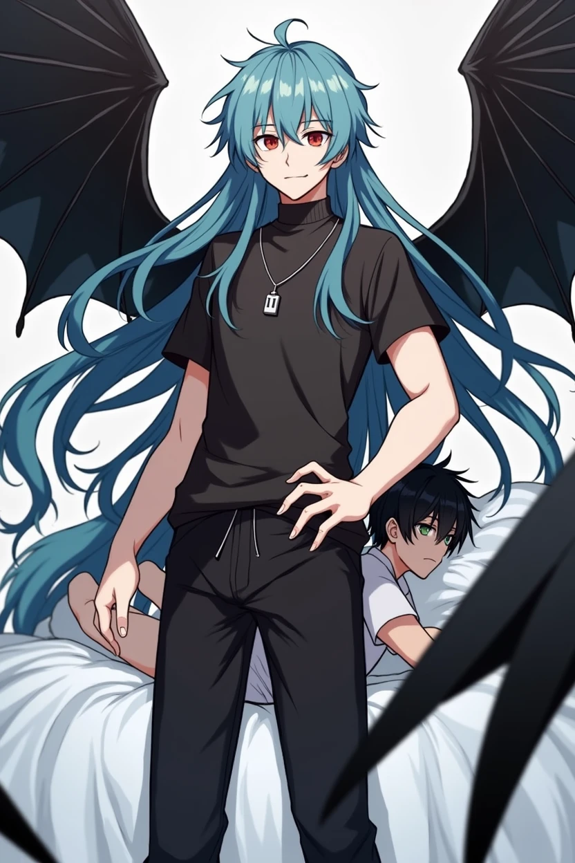 A boy with pale skin and long blue hair. Red eyes and black white eyes.
A boy with pale skin and short black hair. Green eyes. 
These two boys have sex on the bed. A boy with black hair rapes a boy with blue hair.