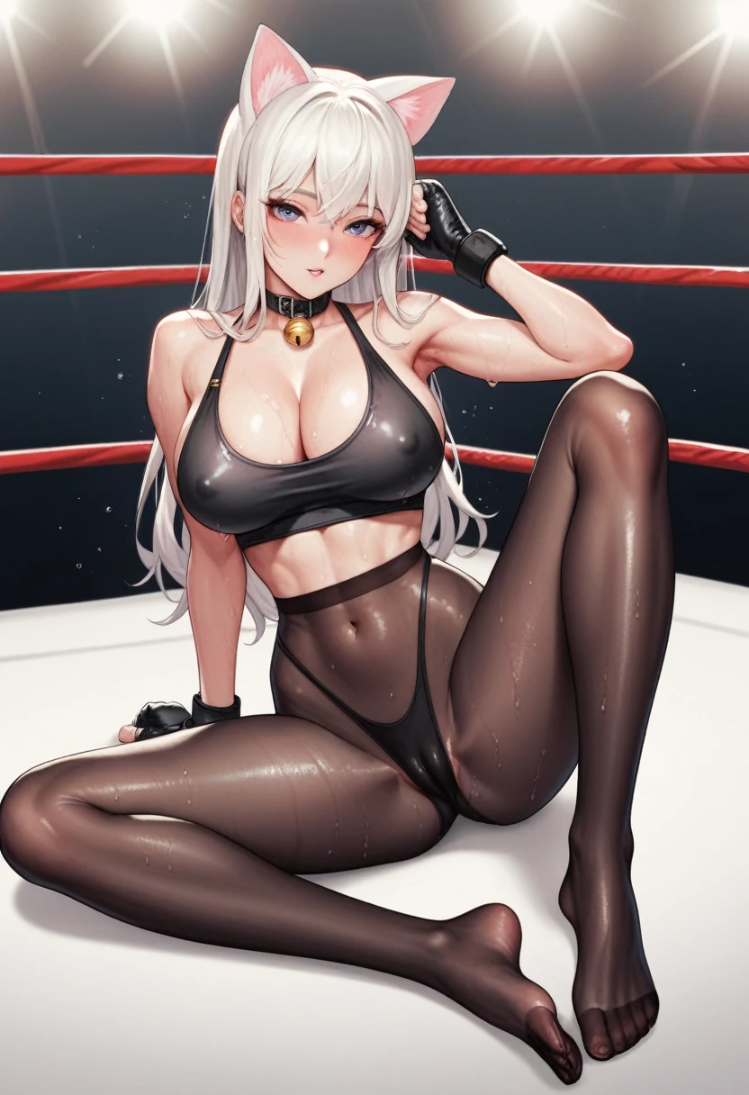 korean beautifull girl，18 years old,Pretty Face，Slim figure，detailed picture, Seductive expression， blush，White long hair, He was only wrapped in bandages.，Soaked，Wear black pantyhose，No shoes, Wearing black fingerless boxing gloves，Black sleeves on arms, Sit in the boxing ring and stretch one foot forward，Large Breasts,Cleavage,Long legs，Thin waist，nipple，Camel toe，Collar，Cat ear