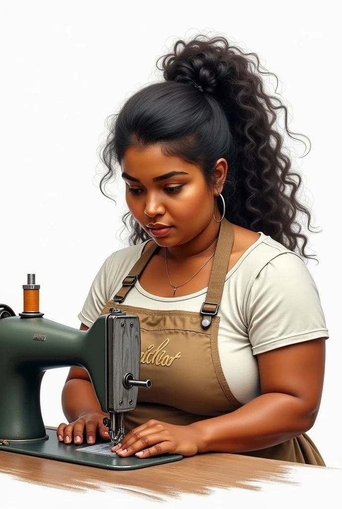 Drawing of a fat Brazilian woman with curly hair, all tied back in a ponytail in black.
Chubby and round face.
Brown skin.
Sewing with a sewing machine, white background and the apron with the name Lucinha. 
