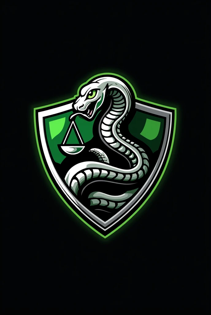 logo shield 2D for black and white team with green details featuring a snake, A scale and food
