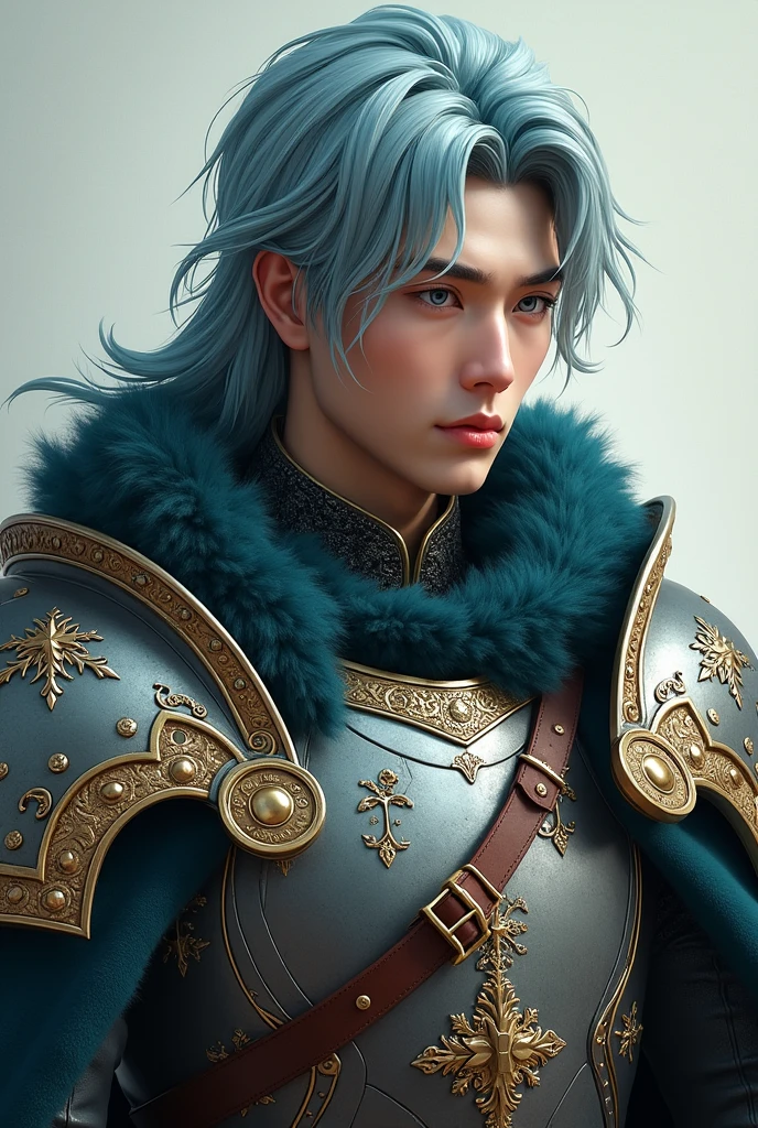 highest quality, 8k, hdr, (head to toe:1.4), Realistic, Human Man, early twenties in age, Russian Asian mixed heritage, sea blue natural hair with long thick platinum streaks, full figure, wearing fantasy armor, thick and heavy fantasy armor
