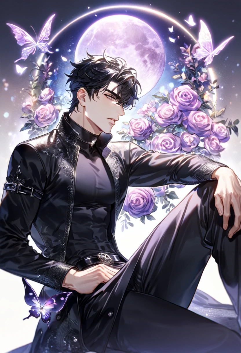 absurdres, highres, ultra detailed, HDR) master piece, best quality, extremely detailed, delicated features, Yoo Joonghyuk, black hair, expressive gray eyes, Omniscient Reader's Viewpoint, solo, sexy man sitting, handsome, sensual, black coat, black tight turtleneck shirt, black belts, fantasy, magical, glittering, shining, purple flames, purple moon, purple flowers, purple butterflies