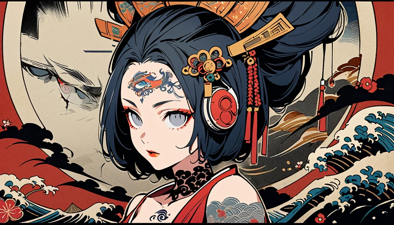 Ink painting, (((1 Ninja Girl))), (((Tattoo in the middle of the forehead))),(((In the background is the Akatsuki moon))), (((Oiran))), (((Great hair accessories))), Japanese style headphones, Demon possession, (((Grey eyes with engraving inside))),Face up close, Japanese beauty, White hair, Sensitive and precise, Modern Ukiyo-e style, Highest quality, katsushika hokusai, (((Elements of horror))), beautiful girl, Sensitive and precise, Modern Ukiyo-e style, Cyberpunk city,