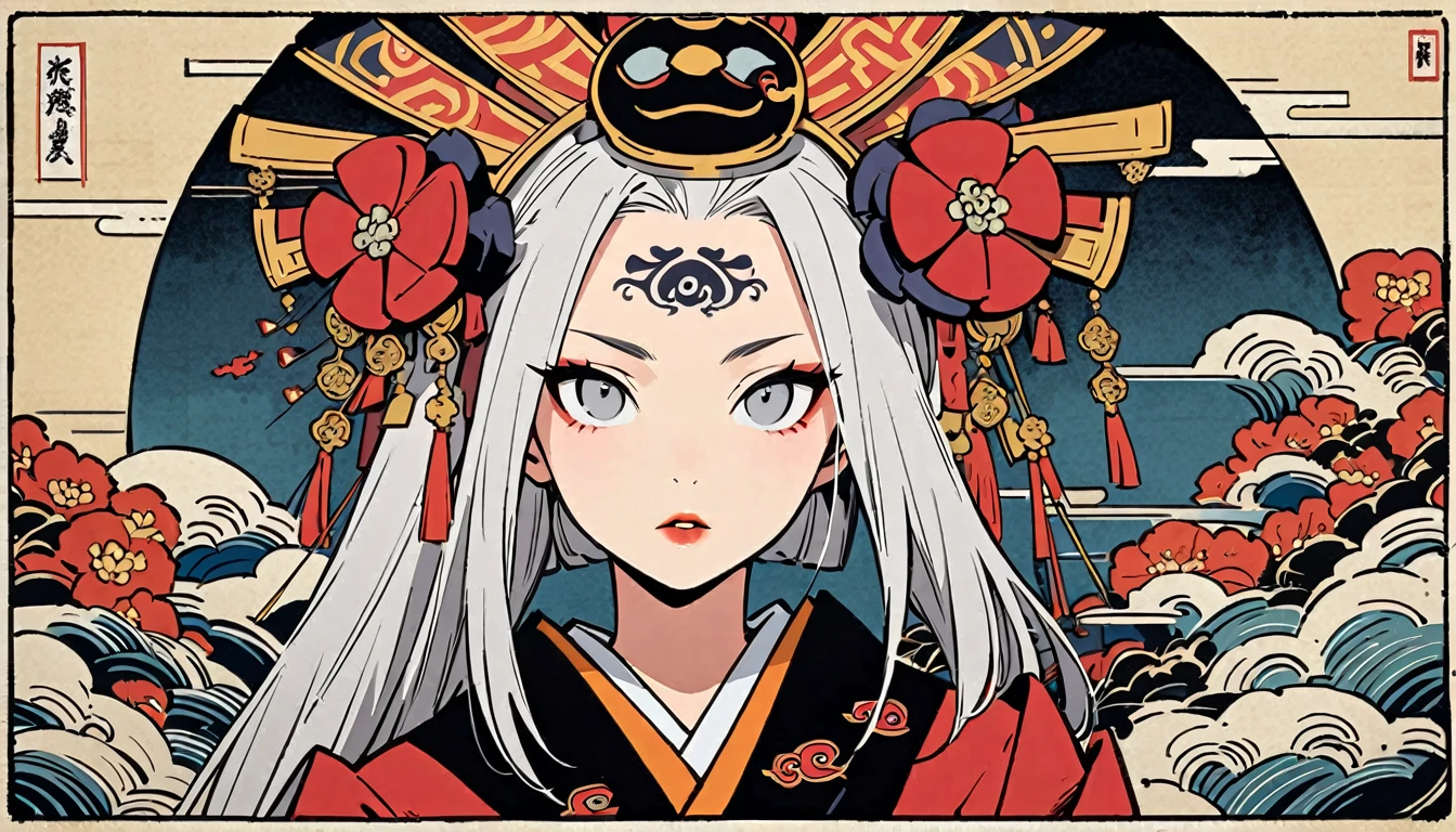 Ink painting, (((1 Ninja Girl))), (((Tattoo in the middle of the forehead))),(((In the background is the Akatsuki moon))), (((Oiran))), (((Great hair accessories))), Japanese style headphones, Demon possession, (((Grey eyes with engraving inside))),Face up close, Japanese beauty, White hair, Sensitive and precise, Modern Ukiyo-e style, Highest quality, katsushika hokusai, (((Elements of horror))), beautiful girl, Sensitive and precise, Modern Ukiyo-e style, Cyberpunk city,