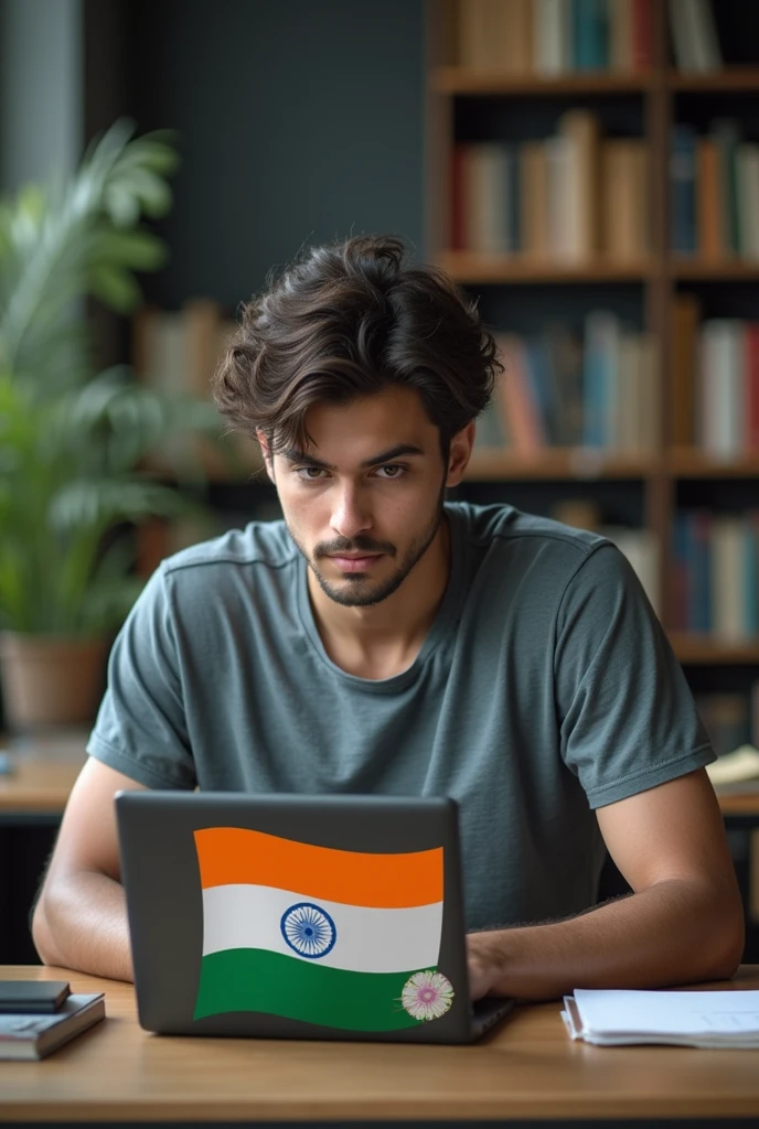 Computer science Engineering students boy with Indian flag laptop display