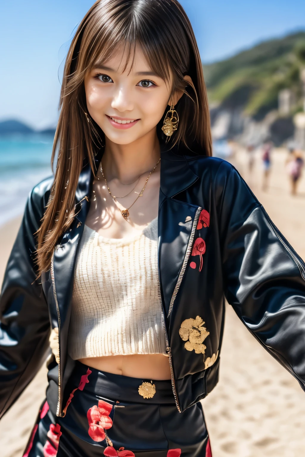 (Masterpiece:1.3), (8K), (Best Quality:1.4), (UHD:1.2), (Photorealistic:1.3),( Raw Photography), (1girl), (Ultra High Detailed), (Detailed face), very perfect beautiful and cute face, (Detailed hair), Beautiful hair, bangs, (symmetrical eyes:1.3), (Detailed eyes), (Detailed skin), Realistic skin, shiny skin, Ultra high definition, (slim figure), (super model figure), gentle smile:1.2, (A very beautiful and cute Japanese girl with a gentle expression), BREAK 22yo, 

( wearing a high fashion Haute couture jackets and trousers, straw hat ), Earrings, necklaces, bracelets, sandals, 
cute Japanese girl, pretty Japanese girl, on the beach, walking