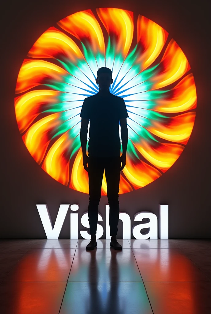 A silhouette of a person stands against a large, illuminated circle featuring the Indian flag colors (saffron, white, and green) and the Ashoka Chakra in the center. Below the circle, the Text "Vishal" is displayed in bold, stylized letters: orange S, gray A, white M, and green IR. The shiny floor reflects the vibrant colors, typography, 3d render
