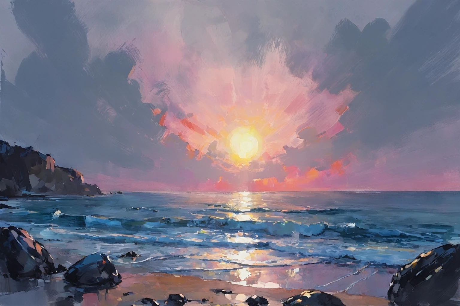 painting of a sunset over the ocean with rocks and a beach, abstract painting, inkpunk, broad brush stroke, smeared patterns, colors, random dripping paint, splashes, graphic portrait