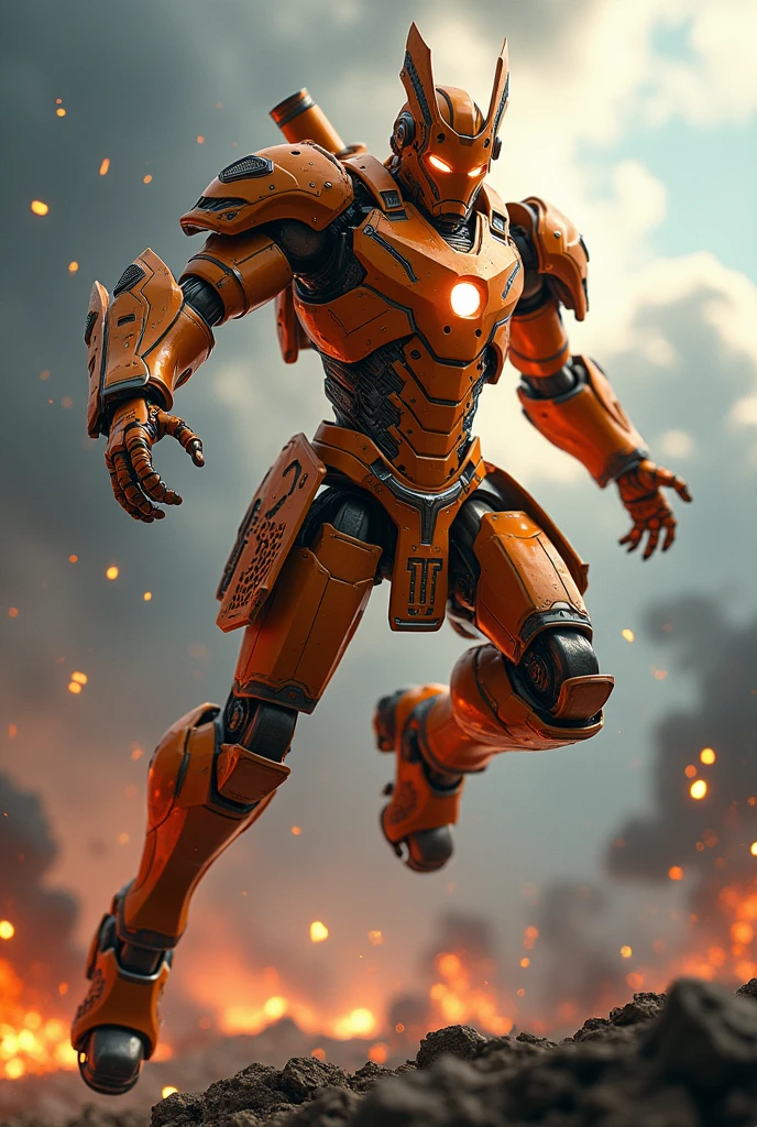 orange flame armor. Medival concept. hotrod . Iron man Samurai Optimus Prime, robot warrior, leaping against dark cloudy sky, intense battle background, dynamic explosion effects, cinematic lighting, highly detailed, 8K, (best quality,4k,8k,highres,masterpiece:1.2),ultra-detailed,(realistic,photorealistic,photo-realistic:1.37),epic action scene,dramatic pose,intricate mechanical design,glowing energy,sparks,dust,devastation,cinematic angle,dramatic lighting
