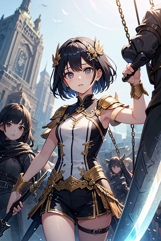 Highest quality、Black Hair、Iris、short hair、、cute、、、Small hair ornament、1 person、Valkyrie、Giant Sword、Swinging a Sword、An earnest expression、