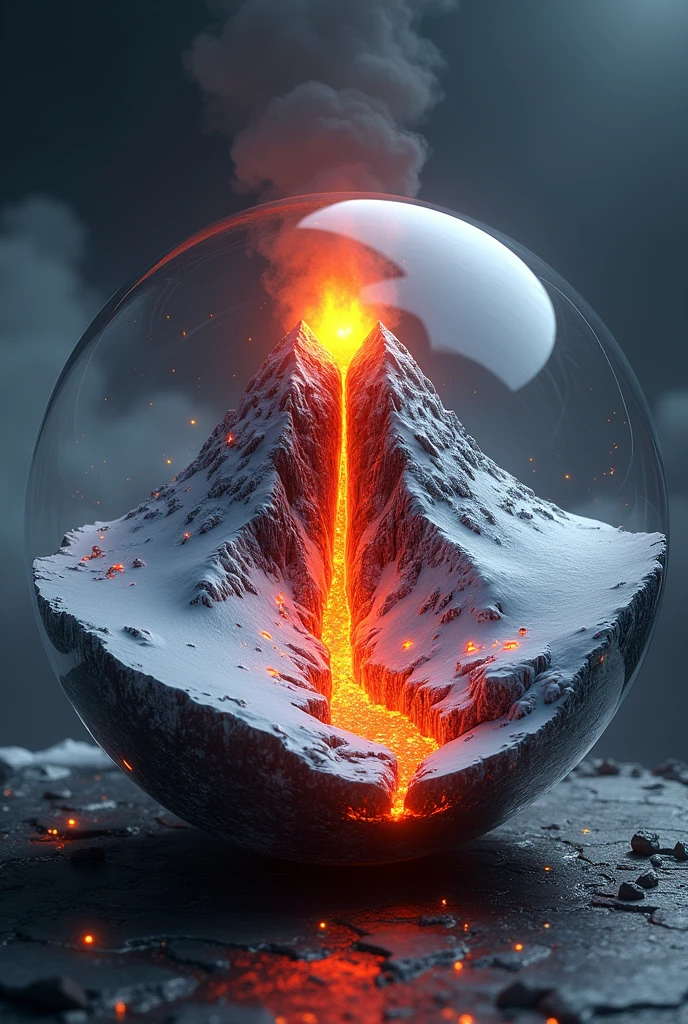 Active snow lava mountain in a 6 cm radius resin ball,ultra realistic,masterpiece 