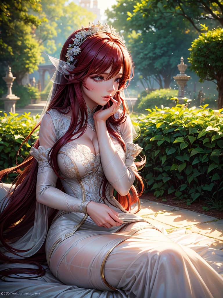 a beautiful woman rias gremiry
 in a garden, elegant pose, delicate facial features, long eyelashes, detailed eyes and lips, flowing hair, elegant dress, photorealistic, 8k, masterpiece, intricate details, soft lighting, warm color palette, cinematic composition, naturalistic shading, detailed skin texture, ambient occlusion