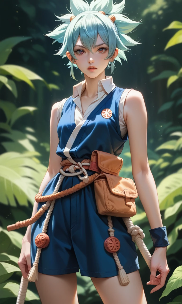 A resourceful young adult with practical skills., worn clothing and functional gear, showing a combination of technological elements and handcrafted survival tools (Inspired by Dr. Stone.. Stone's emphasis on ingenuity).