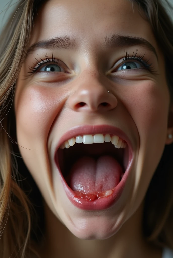 closeup of a female young adult face, mouth very wide open and smiling, eyes open, rolling eyes, long hair, mouth full of saliva, drooling, extreme skin detail, photorealistic, 8k, wallpaper, viewed from above