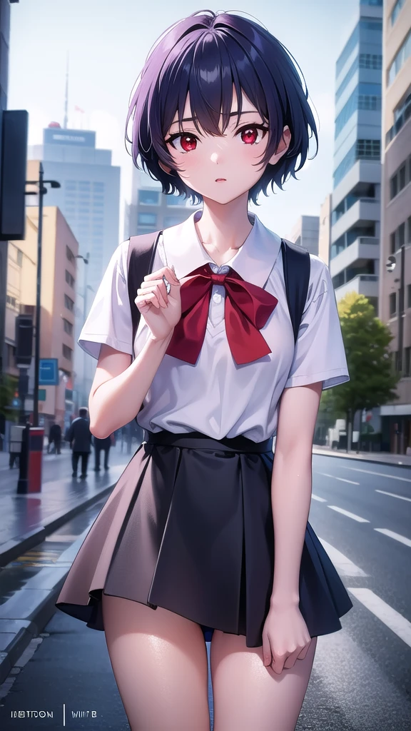 BREAK looking at viewer, BREAK (masterpiece:1.2), best quality, high resolution, unity 8k wallpaper, (illustration:0.8), (beautiful detailed eyes:1.6), extremely detailed face, perfect lighting, extremely detailed CG, (perfect hands, perfect anatomy),city,street,buildings,wet road,soft light,night,rei ayanami, blue hair, short hair, (red eyes:1.5),
blue dress, dress, neck ribbon, pinafore dress, red ribbon, ribbon, school uniform, short sleeves, short-sleeved sweater, sweater,wet uniform,nipples see through,upskirt,showing panties,camel toe.