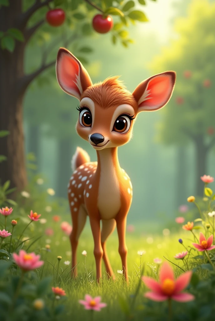 little deer，Foraging in the forest，Soft grass，Flowers surround you，apple trees，Close-up，8K，high quality