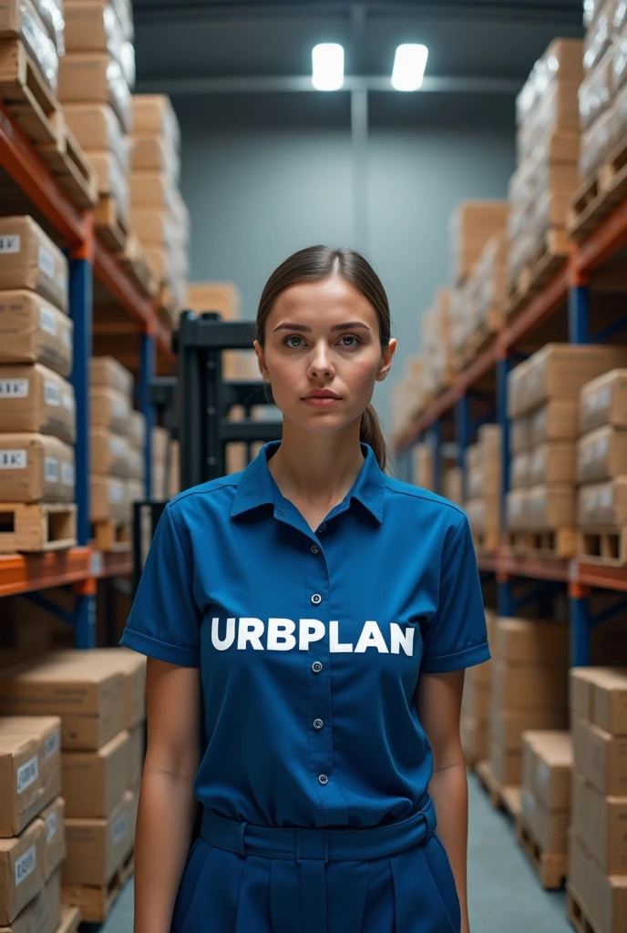 An image of a woman wearing a blue blouse with the inscription 'URBPLAN' in white, handling mortar packages in the warehouse with the help of a forklift. The packages are made of brown kraft paper and are organized on wooden pallets. The packages are labeled 'GRANTEX'. The main colors of the image should be in shades of blue, predominating throughout the scene