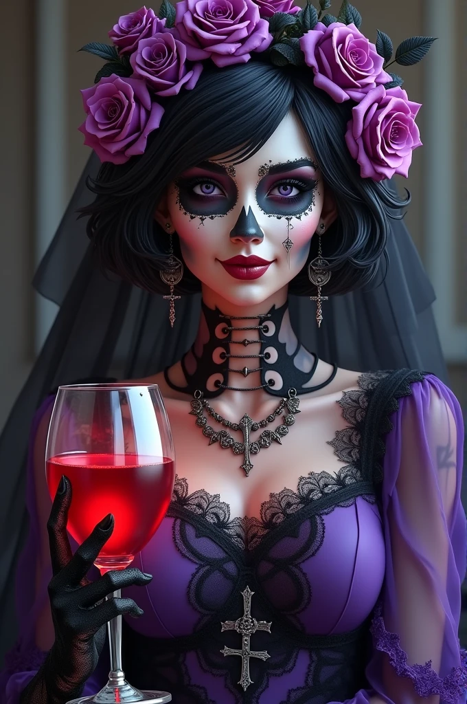 SMILING WOMAN ENTITY CALLED SKULL ROSE, WITH A BEAUTIFUL WOMAN'S HUMAN FACE WITH RED LIPSTICK AND HALF OF A SKULL'S FACE, SHE HAS SHORT WAVY HAIR, WITH MANY COLORED AND PURPLE ROSES IN HER HAIR AND HAS A VEIL THAT COVERS HER BLACK LACE ROSE , SHE WEARS A PURPLE DRESS WITH LACE AND MANY LACES WITH CRUCIFIXES AND SHE HOLDS A GOBLET WITH LIGHTED RED AND BLACK WINE IN HAND, SHE WEARS A BLACK LACE GLOVE