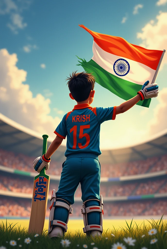 “Portrait of a 15-year-old Indian boy wearing a cricket jersey with " Krish"on the back. He’s holding a bat and the Indian flag, with a stadium full of cheering fans in the background. The words ‘Victory for India’ appear in bold at the top.”