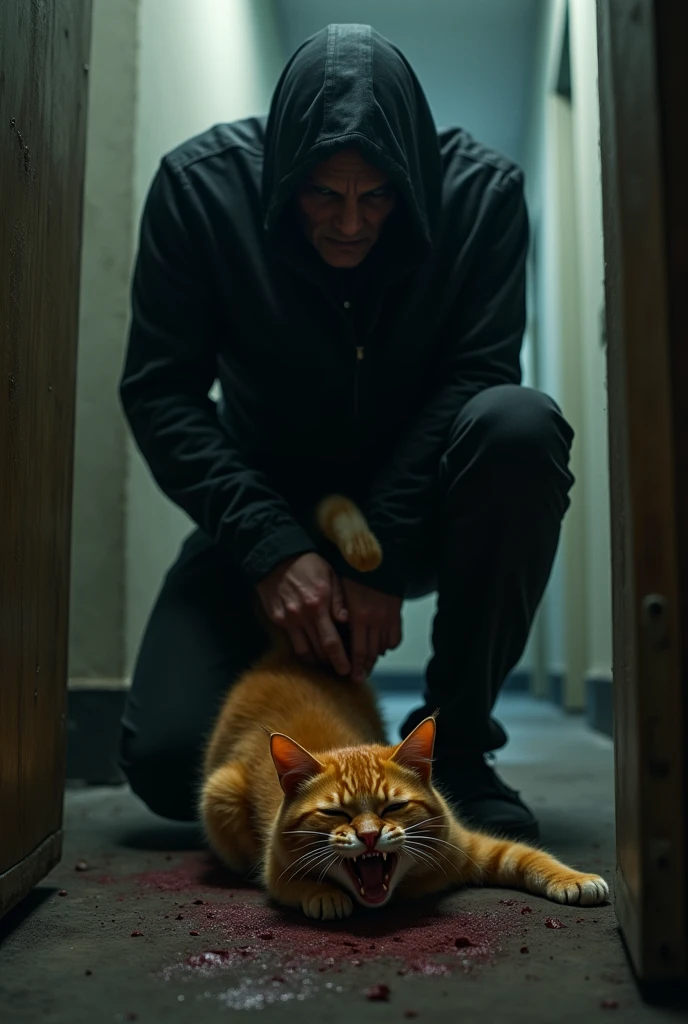 Ek creepy admi jisne black shirt and pent ek jinger cat ko lat marte jiye