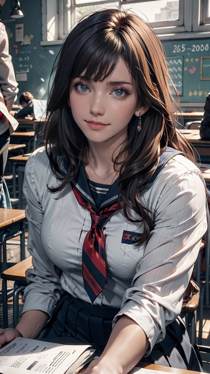 A young woman, 18 years old, with long purple hair, wearing a sailor uniform, sitting in a classroom (School 1.5 in the background) (Expression Smile1.5) (Highest quality: 1.1) (masterpiece: 1.3) with an unparalleled masterpiece, Surreal 8K, Perfect artwork, Super Detail, Highest quality, masterpiece 4K wallpaper aesthetics, masterpiece, Award-winning works, Official Art, Cinema Lighting