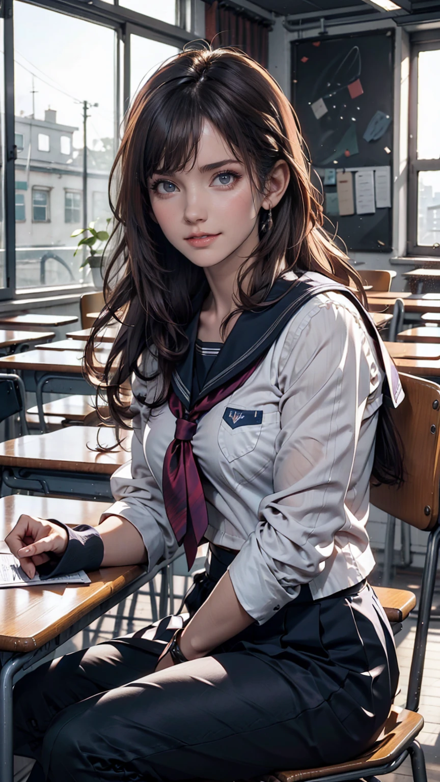 A young woman, 18 years old, with long purple hair, wearing a sailor uniform, sitting in a classroom (School 1.5 in the background) (Expression Smile1.5) (Highest quality: 1.1) (masterpiece: 1.3) with an unparalleled masterpiece, Surreal 8K, Perfect artwork, Super Detail, Highest quality, masterpiece 4K wallpaper aesthetics, masterpiece, Award-winning works, Official Art, Cinema Lighting