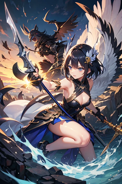 Highest quality、Black Hair、Iris、short hair、、cute、、、Small hair ornament、1 person、Valkyrie、Huge Weapons、big weapon、Wielding a weapon、An earnest expression、