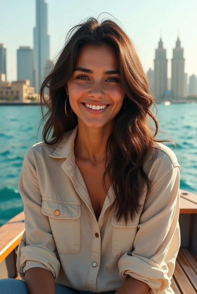 a wanna a realistic picture of human girl who is exact  replica of ayeza khan having dimples and fair skin wearing paint shirts and she is in boat in dubai palm jumaira full picture from far 