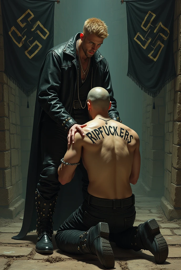 light brown haired man with green eyes, with penetrating gaze, he's wearing black cowboy boots with metal studs, black leather pants and jacket with a swastika bracelet, standing stroking the head of another younger man who has a shaved head, He's kneeling and shirtless, with a tattoo on his back that literally says "RIPFUCKERSS"In gothic lettering
The man standing wears a metal chain and skull rings on a finger. Both men are smoking and looking straight ahead
They are in a medieval, dark basement where there are shackles, chains and shackles on the walls and black flags with two painted Ss