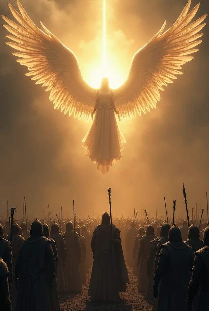 Make 185,000 ancient soldiers in an open environment x an angel in the sky, make the environment dark only with the grace and light of the man angel illuminating in the sky with large wings 