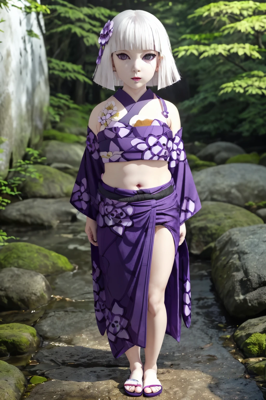 outdoor,forest,high quality,Masterpeace,Ubuyashiki_Family, (1girl, solo), (8 years old:1.2), flat chest, short hair, hair ornament, flower, white hair, japanese clothes, blunt bangs, makeup, (skimpy clothes, thin tube top, pale skin:1.4), floral print sleeves, bob cut, lipstick, red lips, print kimono, ringed eyes, purple kimono, purple eyes, sandals
