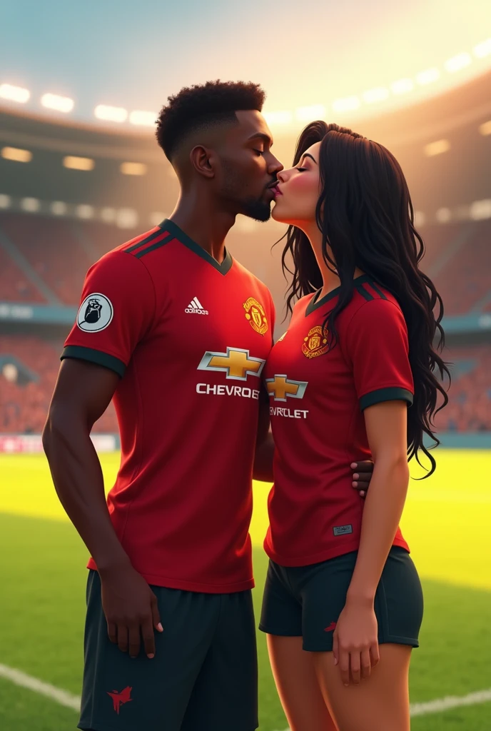 A man  and a woman in Manchester shirts are on a football pitch when he kisses her on the cheek.animation aman is darkbright skin 
