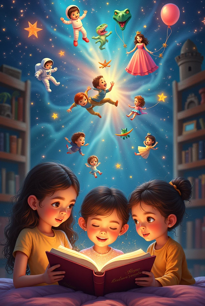 a colorful image, of children reading a book and dreaming of astronauts, princesses, castles, dinosaurs, planes, dolls, balloons, super herois