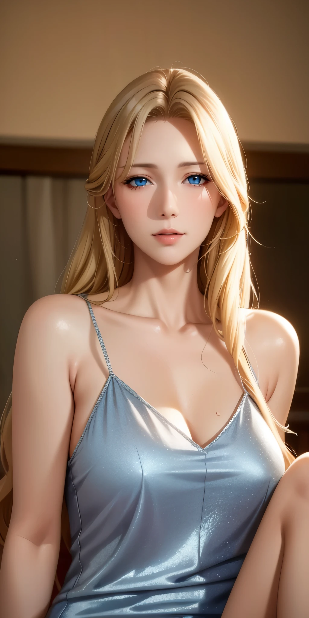 Elegant mature female, milf, blue eyes, blonde hair, bangs, soft light, 4k resolution, high quality, beautiful cg