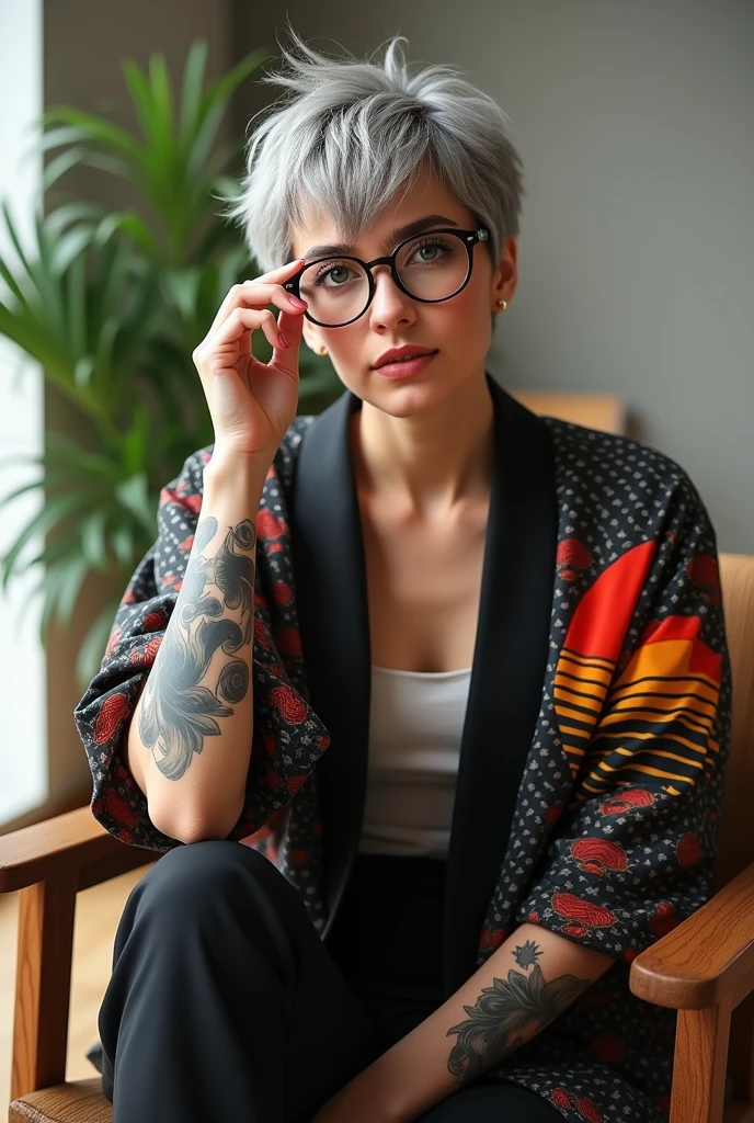 “Hyper-realistic image of a stylish, (woman with short tousled gray hair and wearing round glasses). She is dressed in a modern kimono featuring a bold design with a rising sun motif and intricate pattern. She has visible tattoos on her arms, adding to her edgy and contemporary look. The setting is a well-lit room with a minimalist decor. Capture her confident and sophisticated demeanor as she casually adjusts her glasses while seated on a wooden chair.”