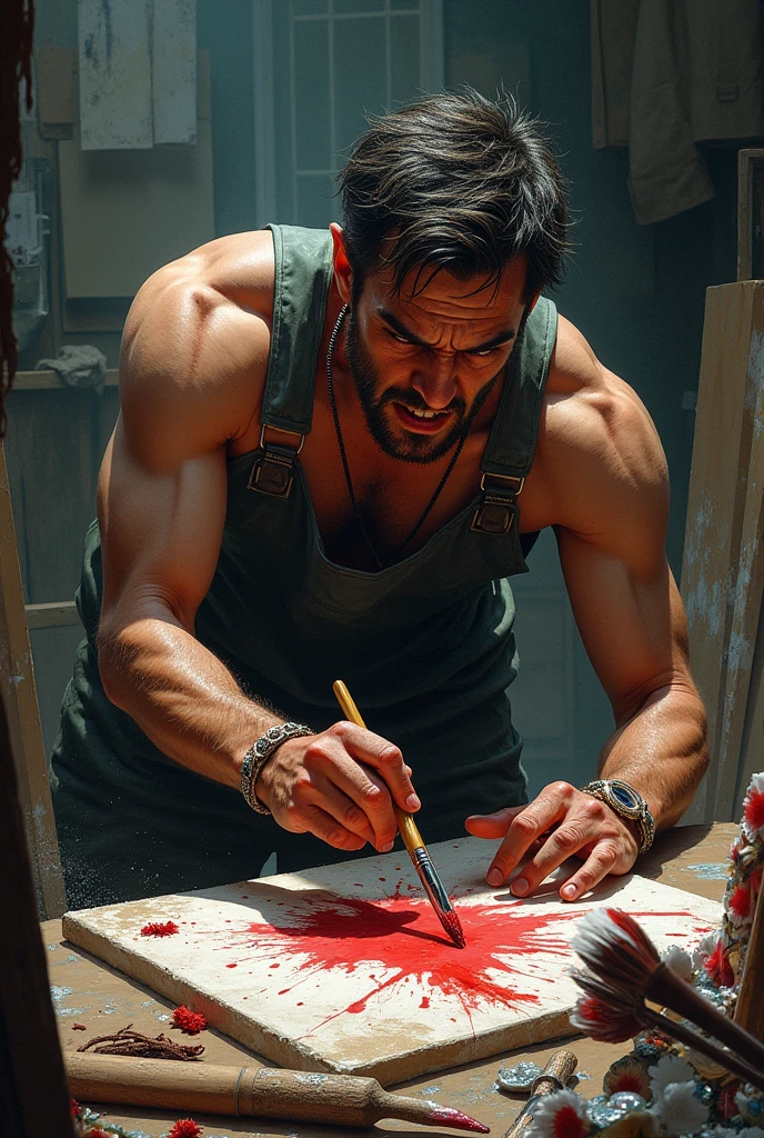 The determination and willpower of humankind striving to complete its creation , expressing all the mental strength and utilized in his work, with sweat, tears and blood, an artist and his work.