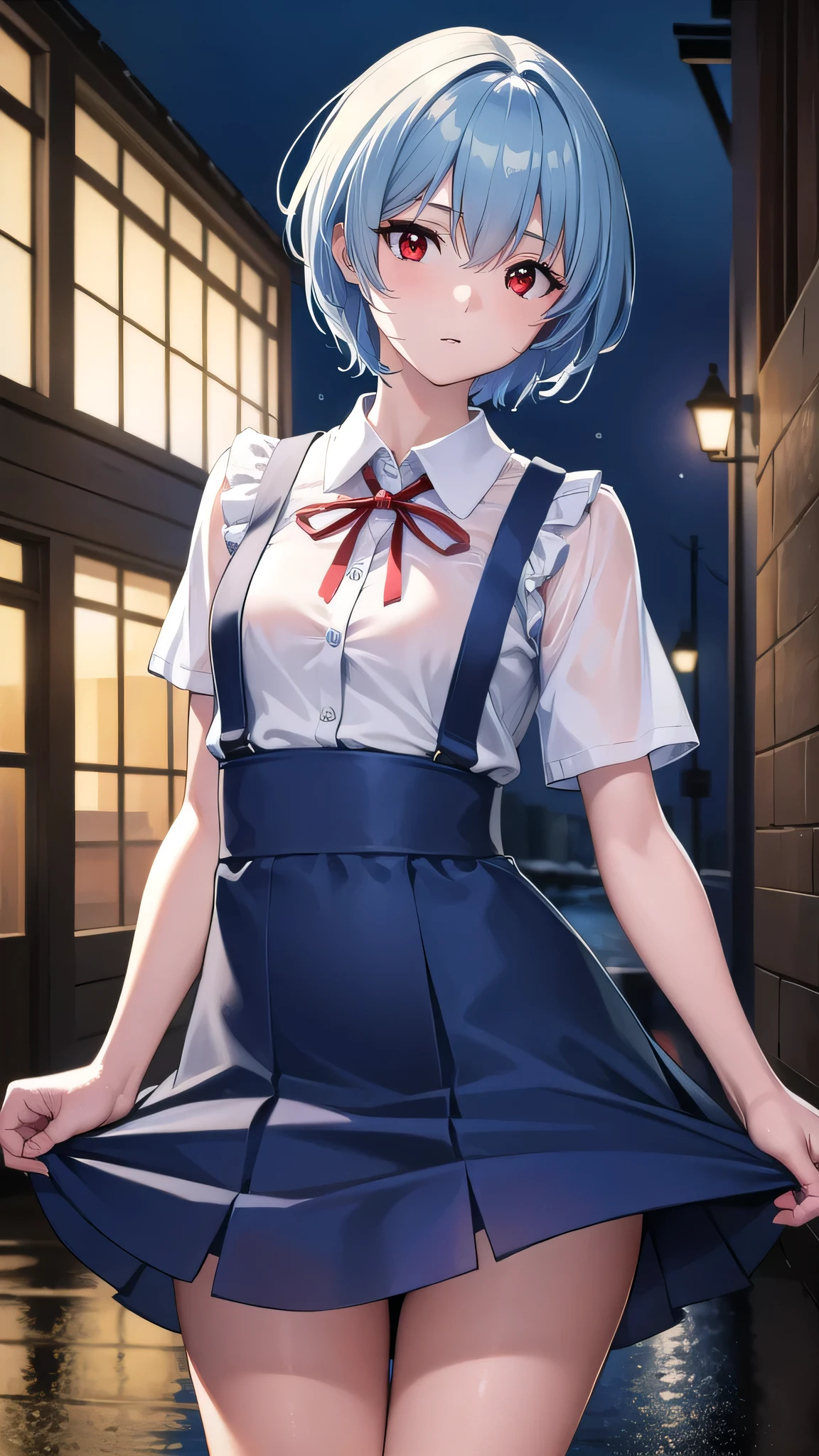 BREAK looking at viewer, BREAK (masterpiece:1.2), best quality, high resolution, unity 8k wallpaper, (illustration:0.8), (beautiful detailed eyes:1.6), extremely detailed face, perfect lighting, extremely detailed CG, (perfect hands, perfect anatomy),city,street,buildings,wet road,soft light,night,rei ayanami, blue hair, short hair, (red eyes:1.5),
blue dress, dress, neck ribbon, pinafore dress, red ribbon, ribbon, school uniform, short sleeves, short-sleeved sweater, sweater,wet uniform,nipples see through,upskirt,showing panties,camel toe,from behind,ass view,bend down.