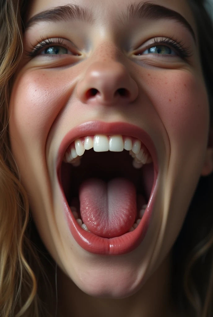 closeup of a female young adult face, mouth very wide open and smiling, eyes open, rolling eyes, long hair, mouth full of saliva, drooling, extreme skin detail, photorealistic, 8k, wallpaper, viewed from above