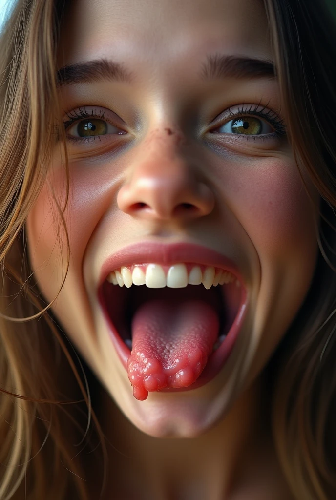 closeup of a female young adult face, mouth very wide open and smiling, eyes open, rolling eyes, long hair, mouth full of saliva, drooling, extreme skin detail, photorealistic, 8k, wallpaper, viewed from above
