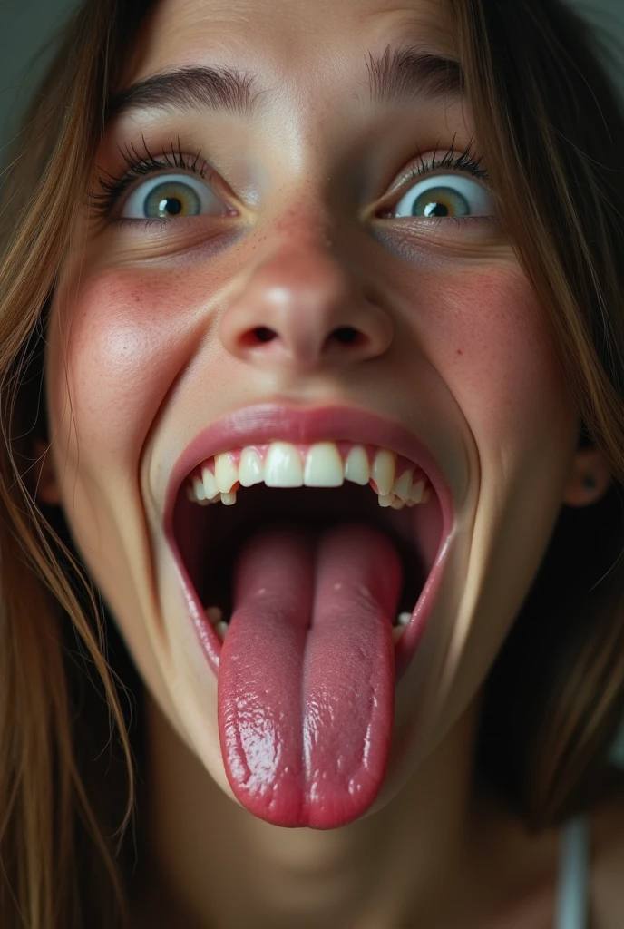 closeup of a female young adult face, mouth very wide open and smiling, eyes open, rolling eyes, long hair, mouth full of saliva, drooling, extreme skin detail, photorealistic, 8k, wallpaper, viewed from above