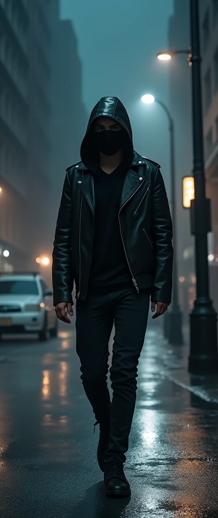 1BOY, LEATHER JACKET, BLACK T-SHIRT, BLACK PANT, BLACK CAP, HOOD ON, MASK, WALKING IN THE STREET, NIGHT TIME, 8K ULTRA HD HIGHLY DETAILED EVERYTHING, 8K WALLPAPER,